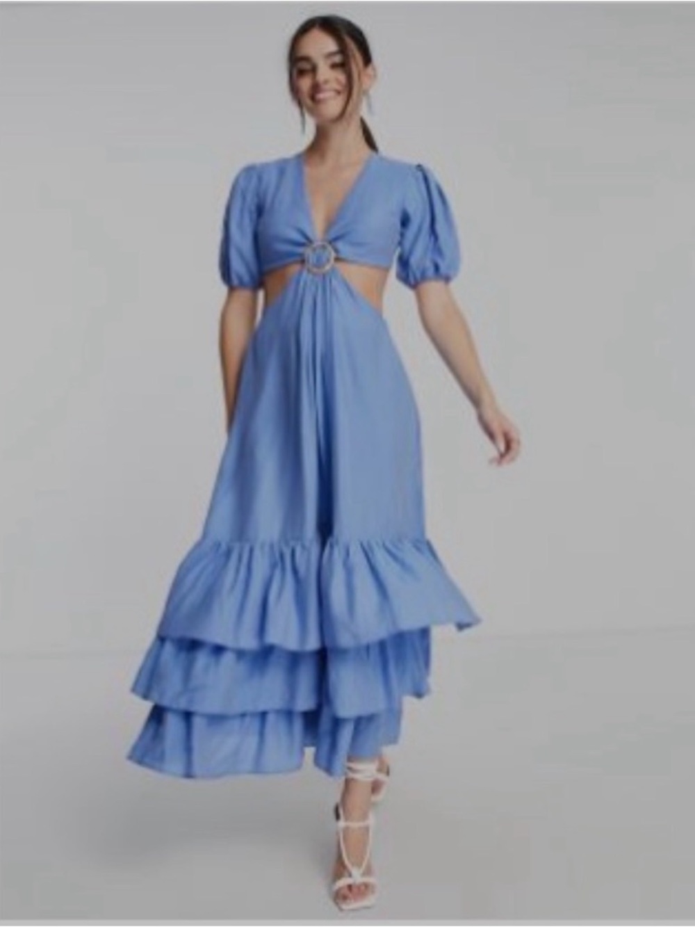 ASOS Design Light Blue Puff-Sleeve Cutout Midi Dress